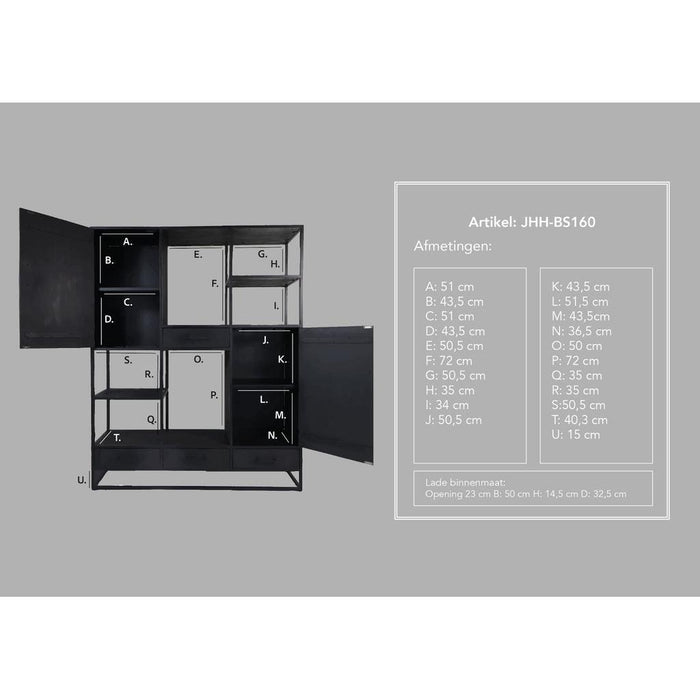 Wandkast Verona - 160x40x200 - Zwart - Mangohout/metaal-Vakkenkasten-HSM Collection